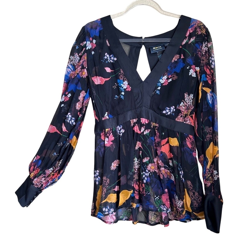 Maeve Anthropologie Floral Whimsigoth Shirt Black Sheer Size 6 Babydoll Milkmaid